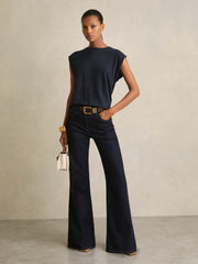 Women Linen Cap-Sleeve T-Shirt in Navy
