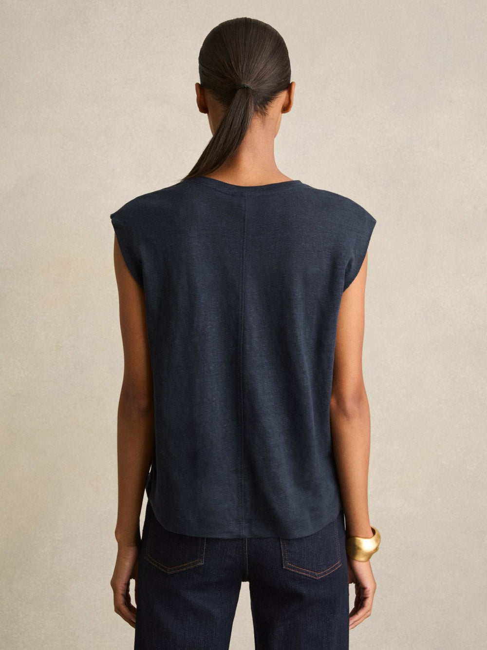 Women Linen Cap-Sleeve T-Shirt in Navy