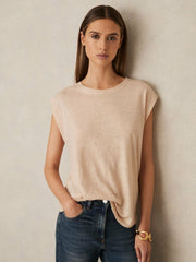 Women Linen Cap-Sleeve T-Shirt in Peach
