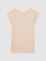 Women Linen Cap-Sleeve T-Shirt in Peach
