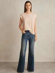 Women Linen Cap-Sleeve T-Shirt in Peach