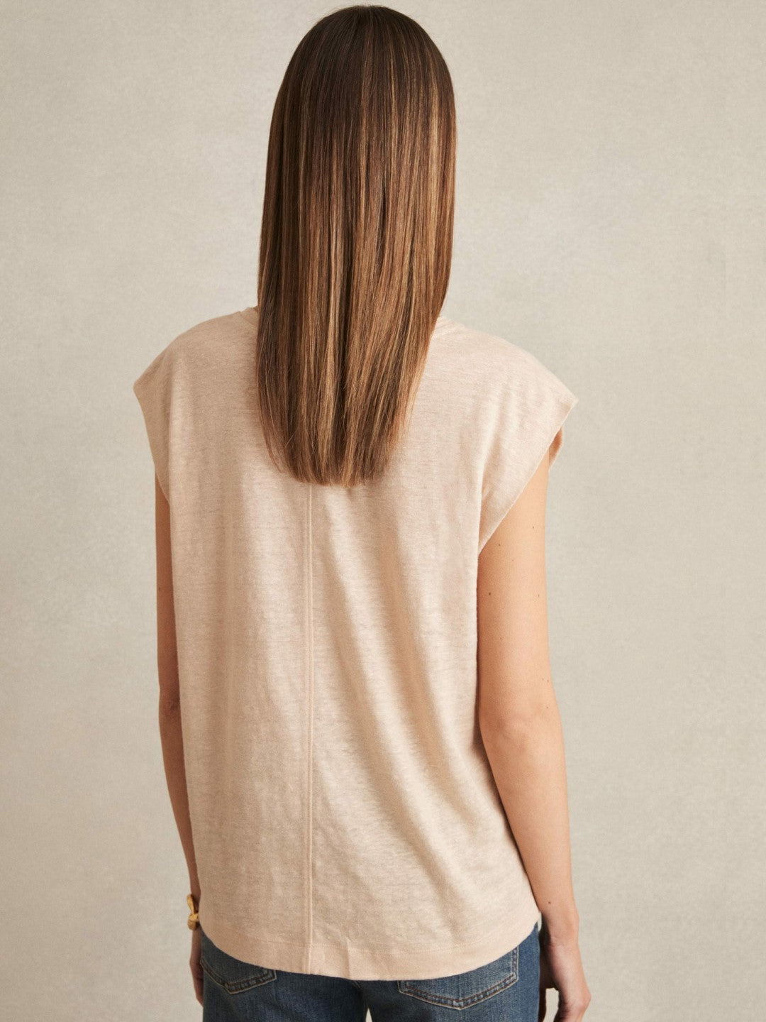 Women Linen Cap-Sleeve T-Shirt in Peach