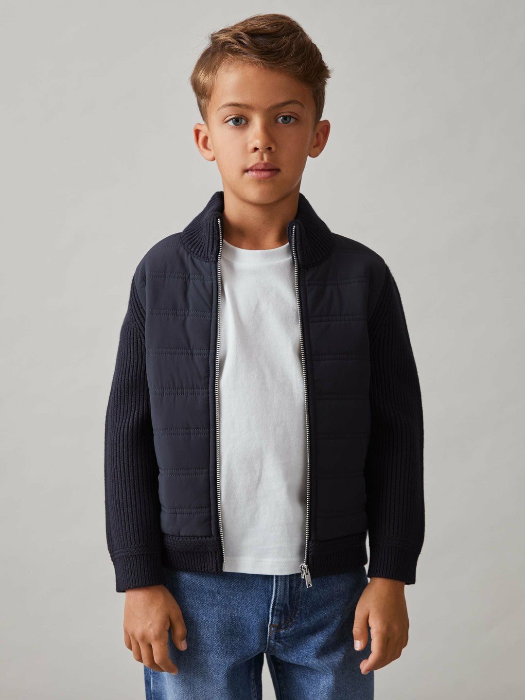 Children & Baby 9-13 yrs Hybrid Quilt and Knit Zip Through Jacket in Navy