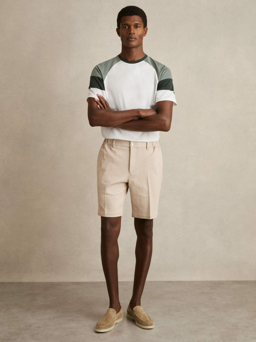 Men Mercerised-Cotton Colourblock T-Shirt in White/Sage