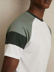 Men Mercerised-Cotton Colourblock T-Shirt in White/Sage