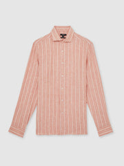Men Linen Striped Long Sleeve Shirt in Pink Rose/White Bengal Stripe