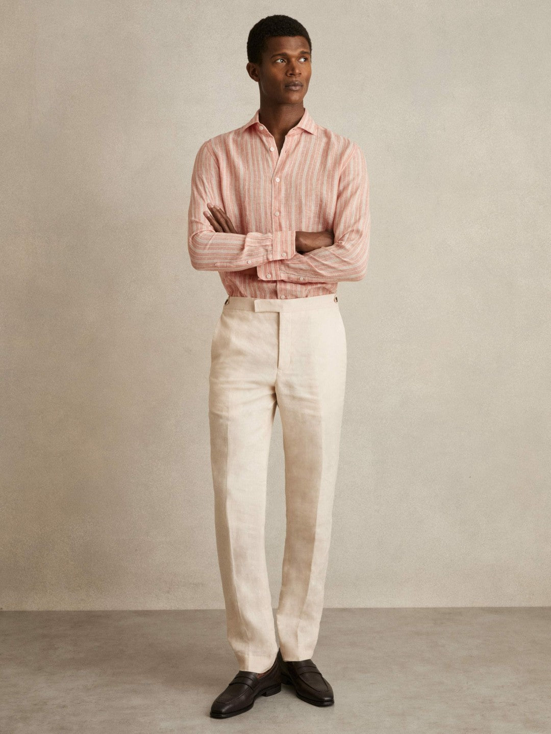 Men Linen Striped Long Sleeve Shirt in Pink Rose/White Bengal Stripe