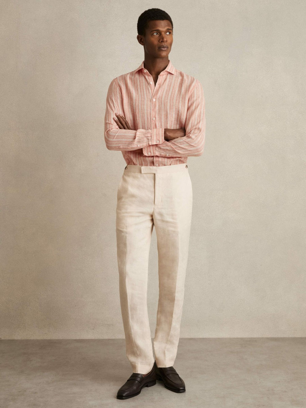 Men Linen Striped Long Sleeve Shirt in Pink Rose/White Bengal Stripe