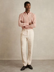 Men Linen Striped Long Sleeve Shirt in Pink Rose/White Bengal Stripe