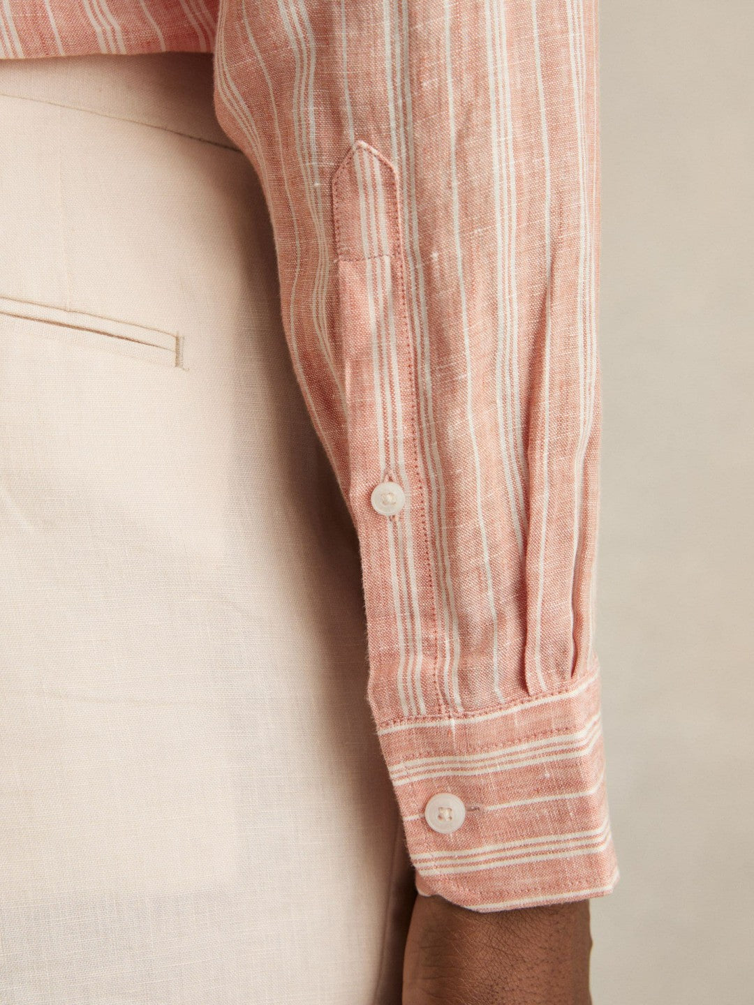 Men Linen Striped Long Sleeve Shirt in Pink Rose/White Bengal Stripe