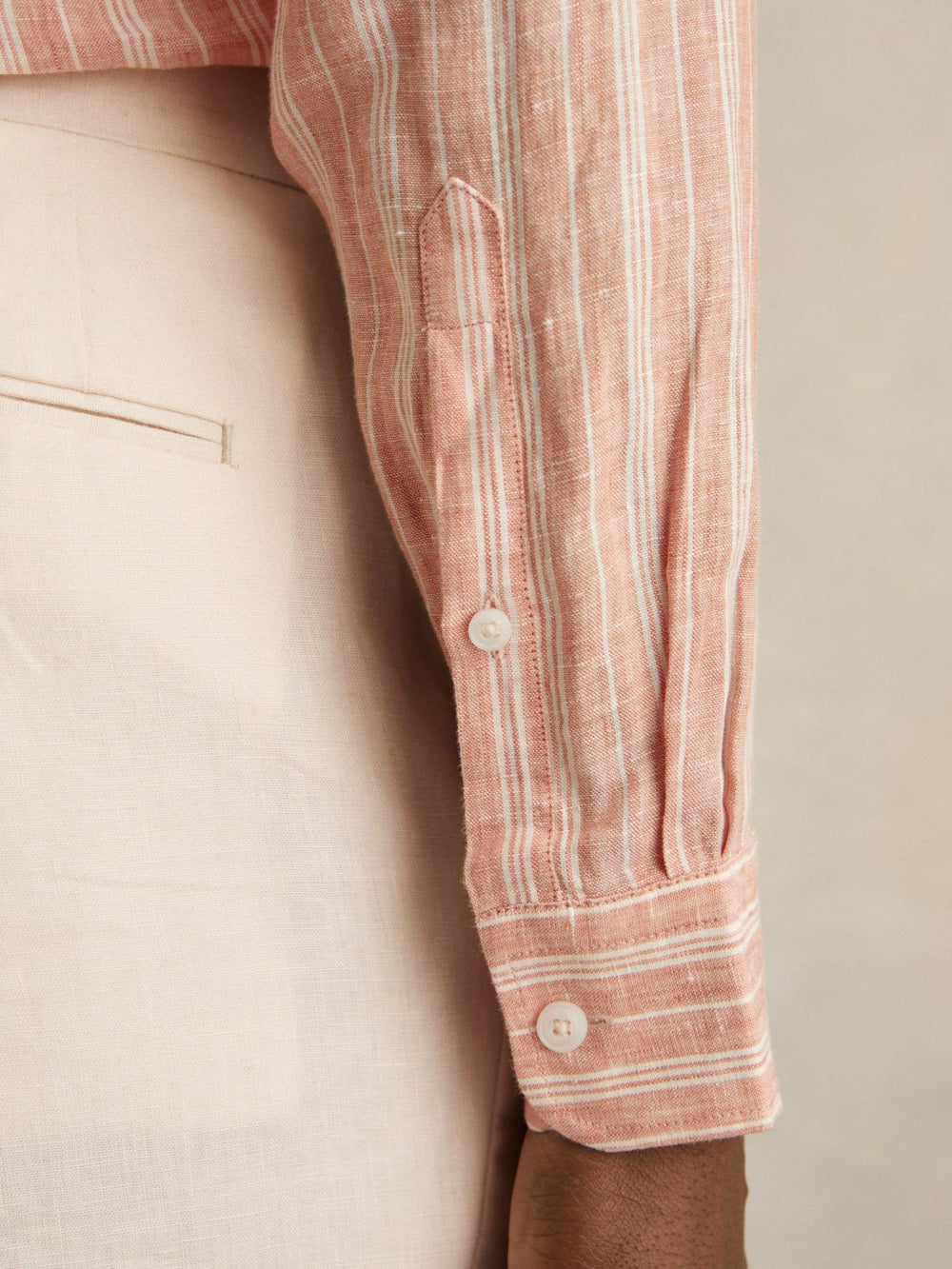 Men Linen Striped Long Sleeve Shirt in Pink Rose/White Bengal Stripe