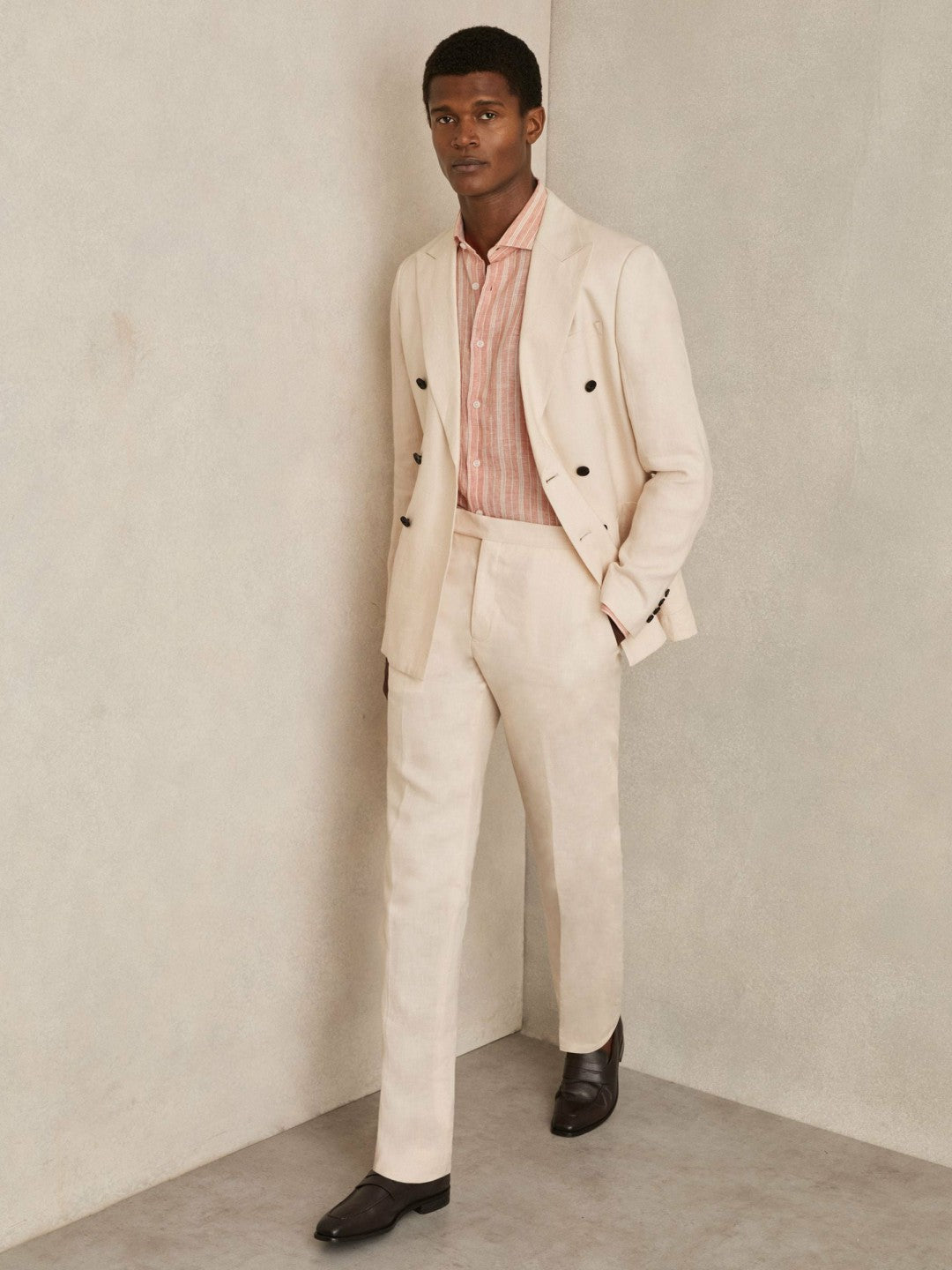 Men Linen Striped Long Sleeve Shirt in Pink Rose/White Bengal Stripe