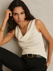 Women Ribbed Cowl-Neck Vest in Ivory