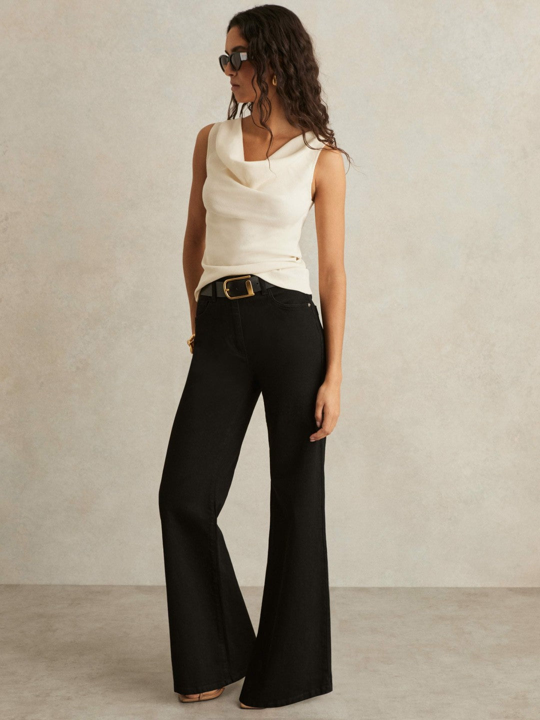Women Ribbed Cowl-Neck Vest in Ivory