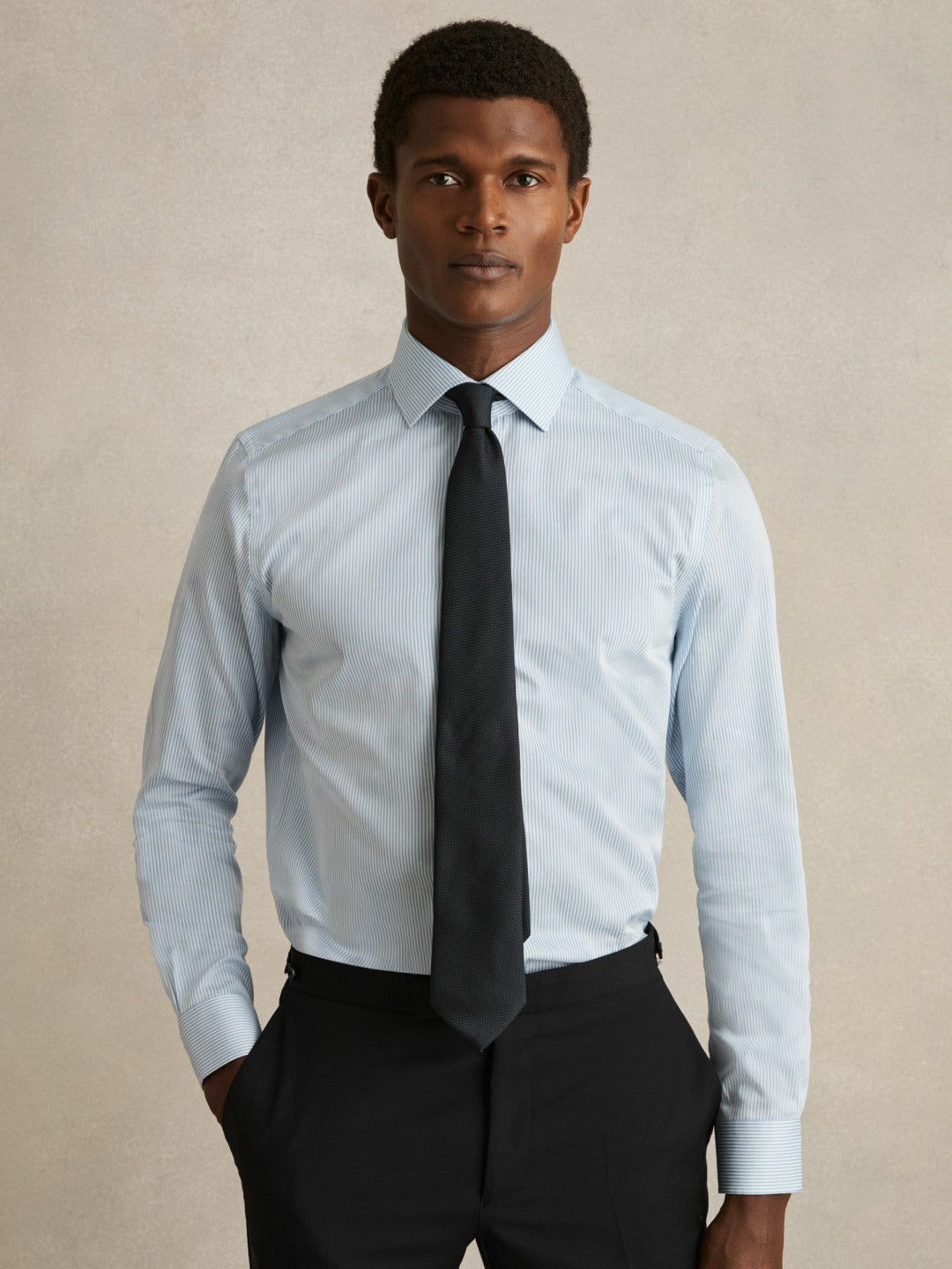 Men Regular Fit Cotton Sateen Shirt in Blue Stripe