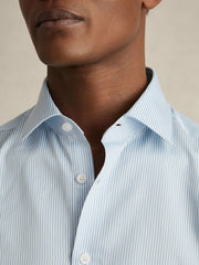 Men Regular Fit Cotton Sateen Shirt in Blue Stripe
