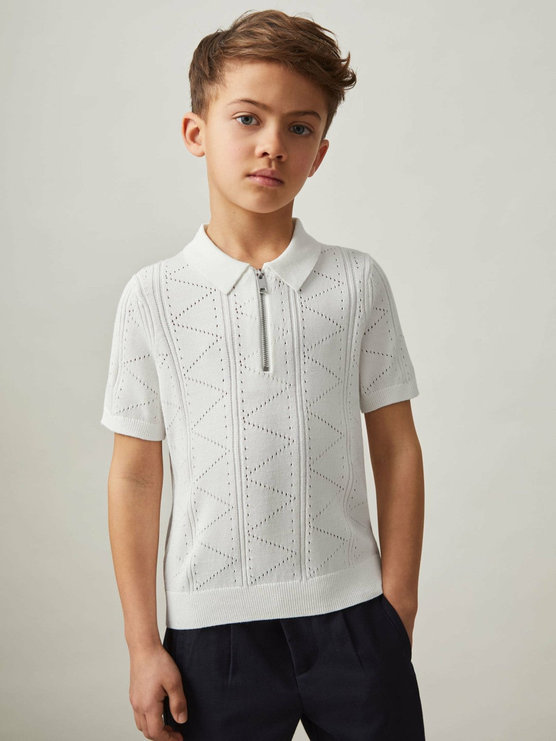 Children & Baby 3-9 yrs Half-Zip Pointelle Polo Shirt in Off White