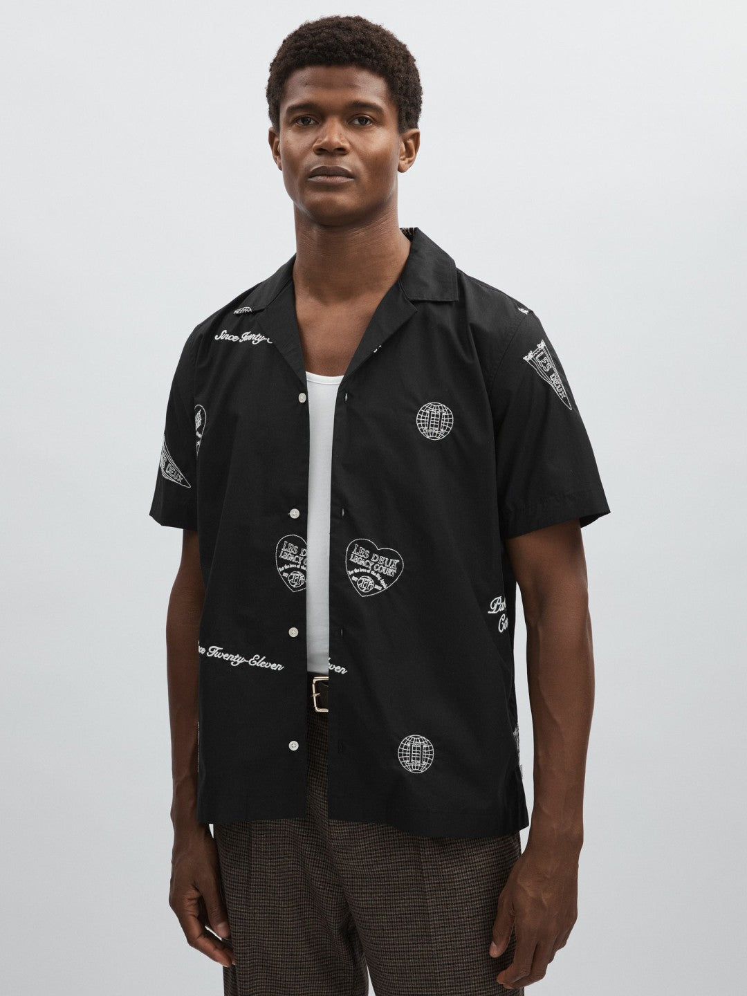Men Les Deux Cotton Embroidered Shirt in Black Print