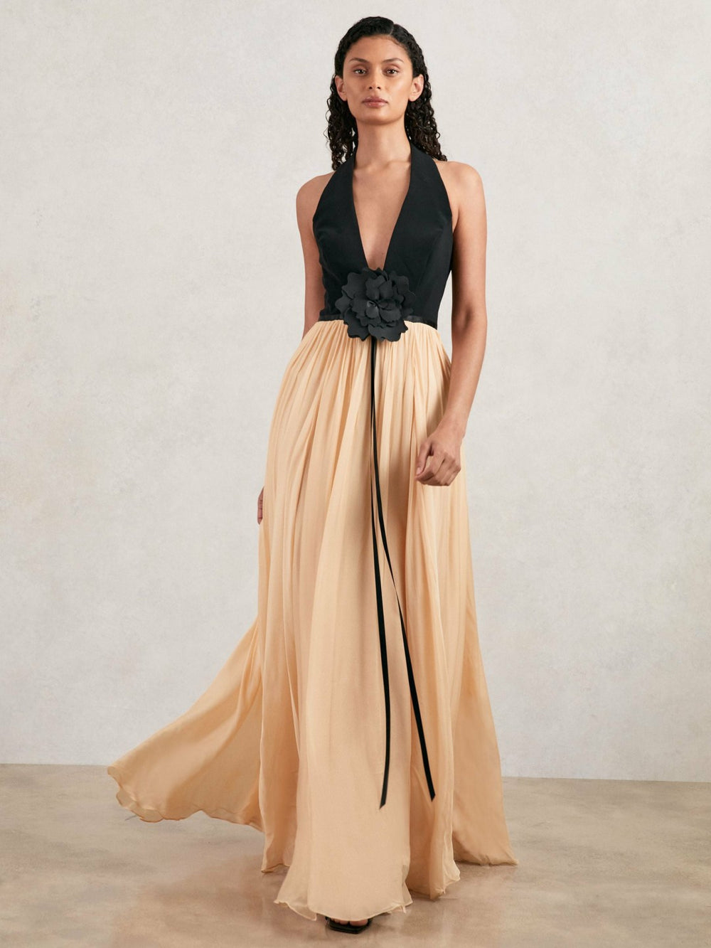 Women Halston Crepe and Chiffon Maxi Dress in Black/Ivory