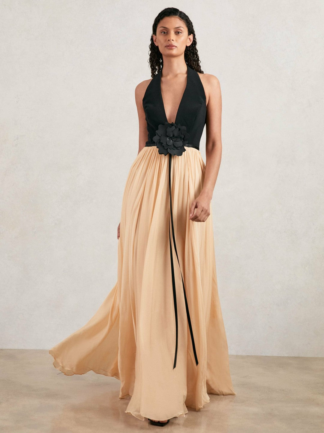 Women Halston Crepe and Chiffon Maxi Dress in Black/Ivory