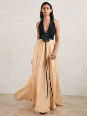 Women Halston Crepe and Chiffon Maxi Dress in Black/Ivory