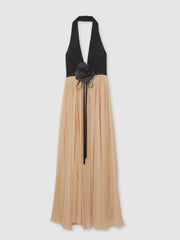 Women Halston Crepe and Chiffon Maxi Dress in Black/Ivory