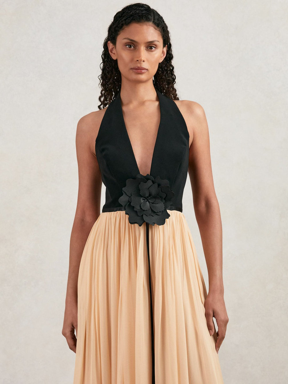 Women Halston Crepe and Chiffon Maxi Dress in Black/Ivory