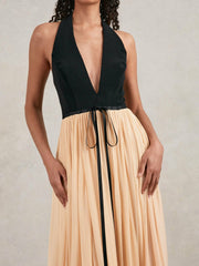 Women Halston Crepe and Chiffon Maxi Dress in Black/Ivory