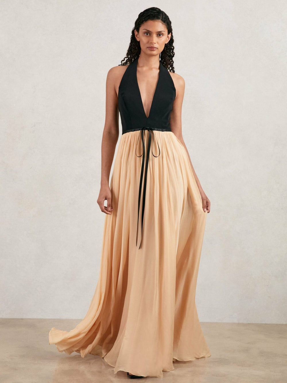 Women Halston Crepe and Chiffon Maxi Dress in Black/Ivory