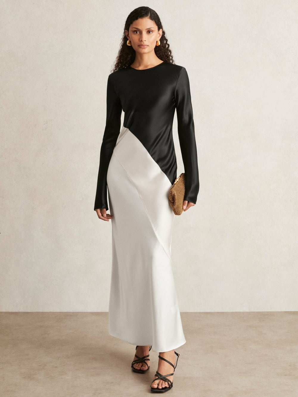 Women Acler Satin Colour Block Midi Dress in Ivory/Black