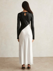 Women Acler Satin Colour Block Midi Dress in Ivory/Black