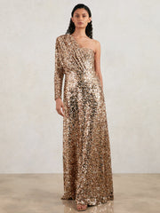 Women Halston Sequin One Shoulder Maxi Dress in Gold
