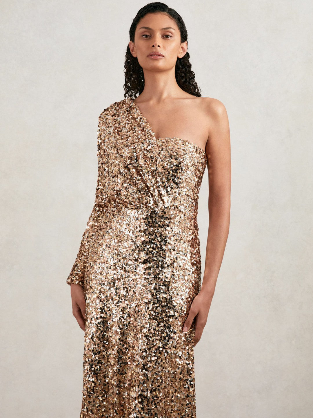 Women Halston Sequin One Shoulder Maxi Dress in Gold
