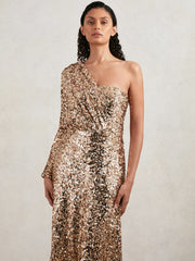 Women Halston Sequin One Shoulder Maxi Dress in Gold