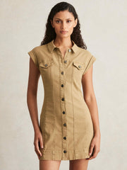 Women Paige Fern Beige Denim Button Through Mini Dress in Fern Beige