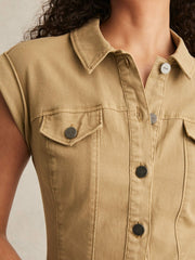 Women Paige Fern Beige Denim Button Through Mini Dress in Fern Beige