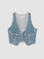 Women Studded Denim Vest in Indigo Blue