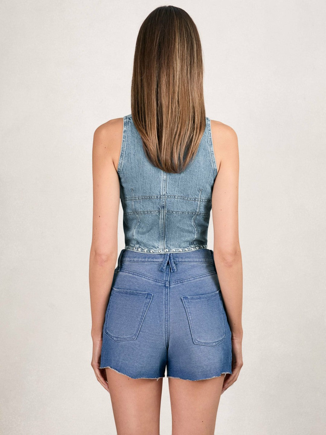 Women Studded Denim Vest in Indigo Blue