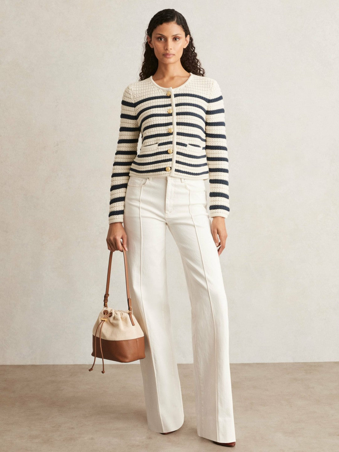 Women Paige Ivory Textured Knit Stripe Cardigan in Ivory