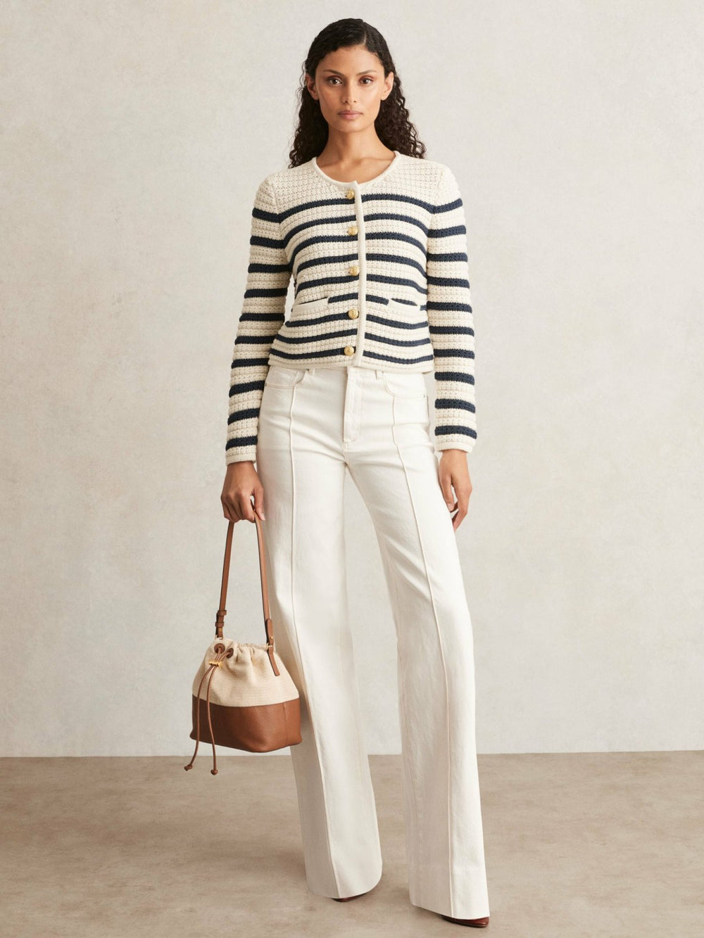 Women Paige Ivory Textured Knit Stripe Cardigan in Ivory