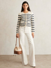 Women Paige Ivory Textured Knit Stripe Cardigan in Ivory