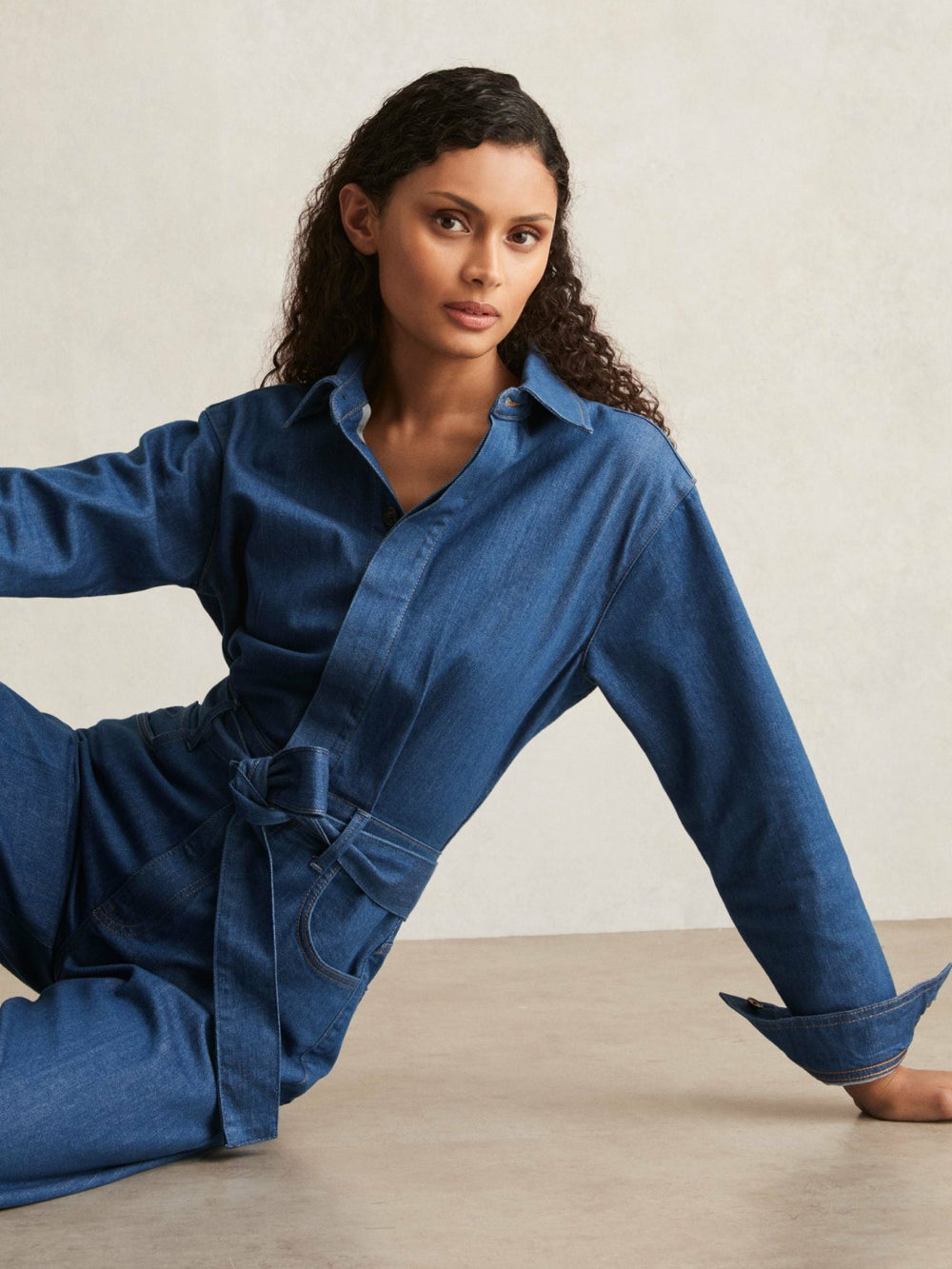 Women Paige Maraya Blue Wide Leg Belted Denim Jumpsuit in Maraya Blue