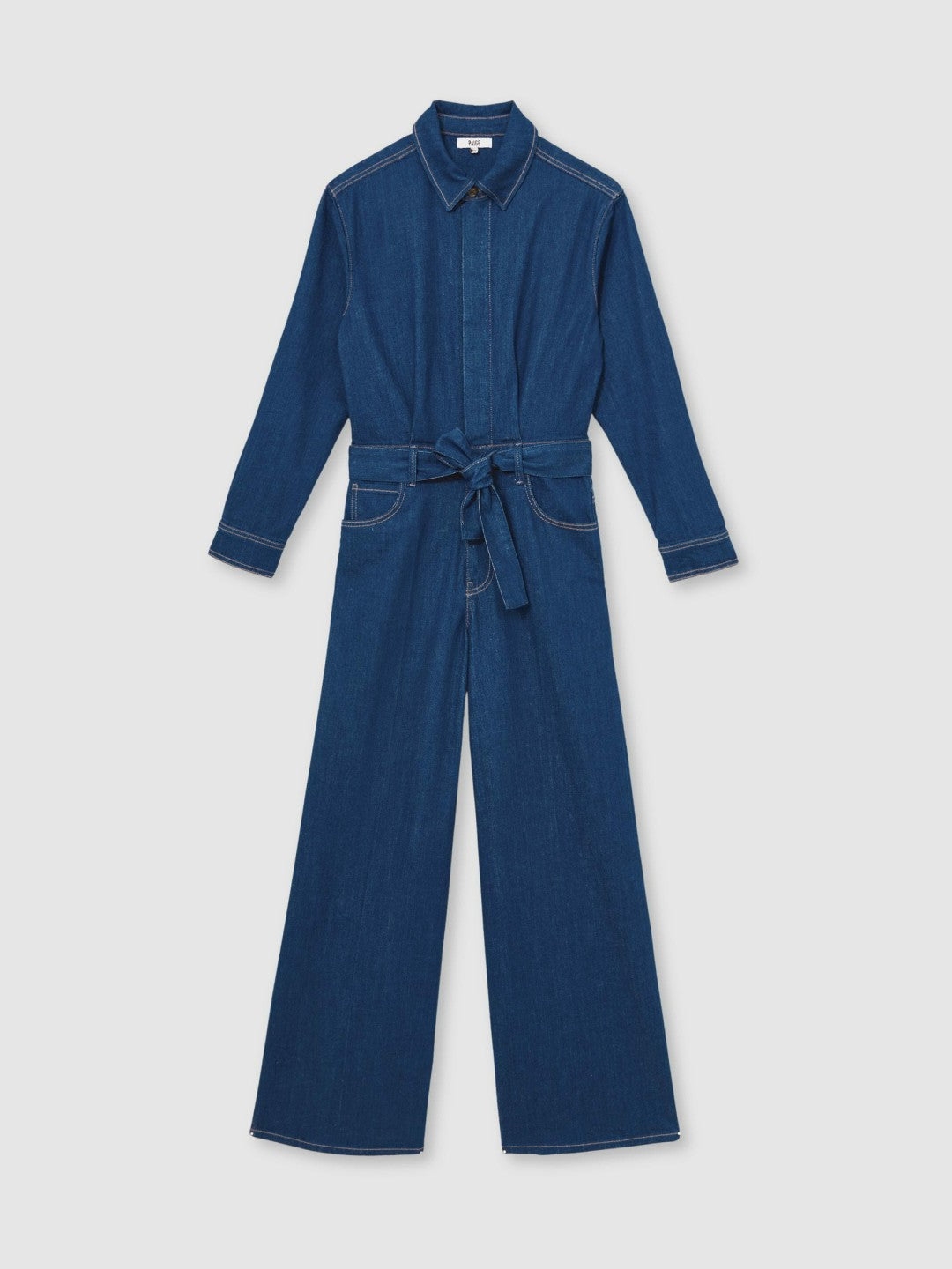 Women Paige Maraya Blue Wide Leg Belted Denim Jumpsuit in Maraya Blue