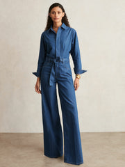 Women Paige Maraya Blue Wide Leg Belted Denim Jumpsuit in Maraya Blue