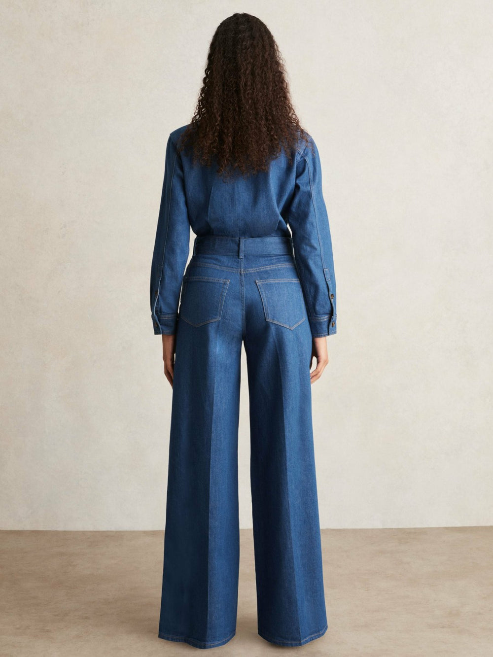 Women Paige Maraya Blue Wide Leg Belted Denim Jumpsuit in Maraya Blue