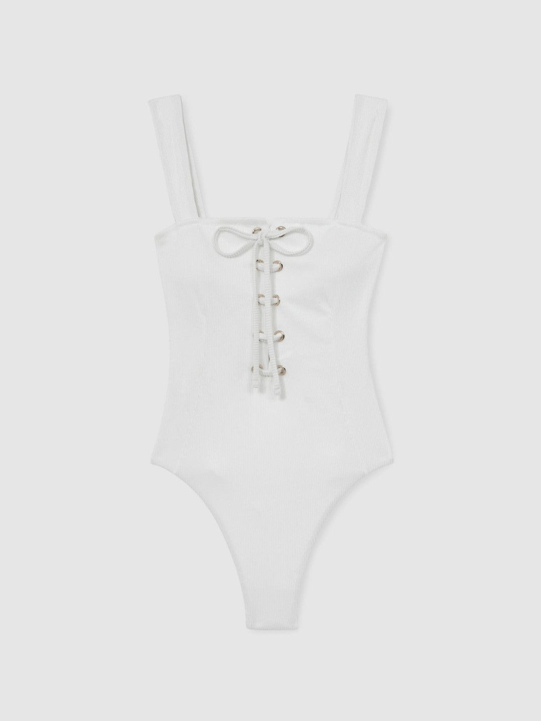 Women Ribbed Lace-Up Swimsuit in White