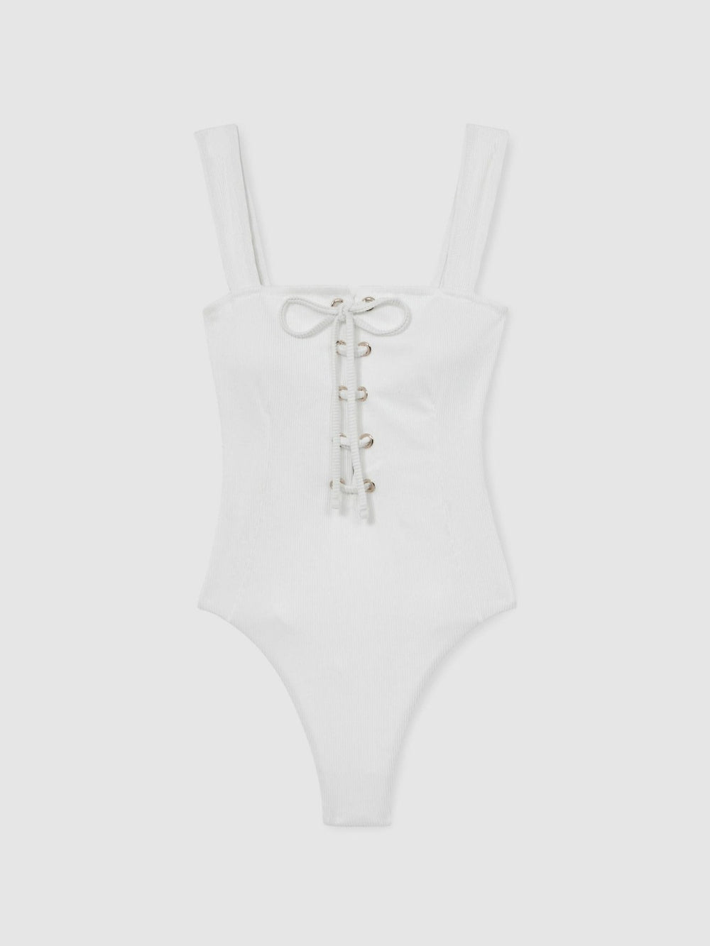 Women Ribbed Lace-Up Swimsuit in White