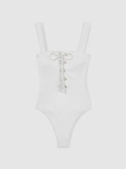 Women Ribbed Lace-Up Swimsuit in White
