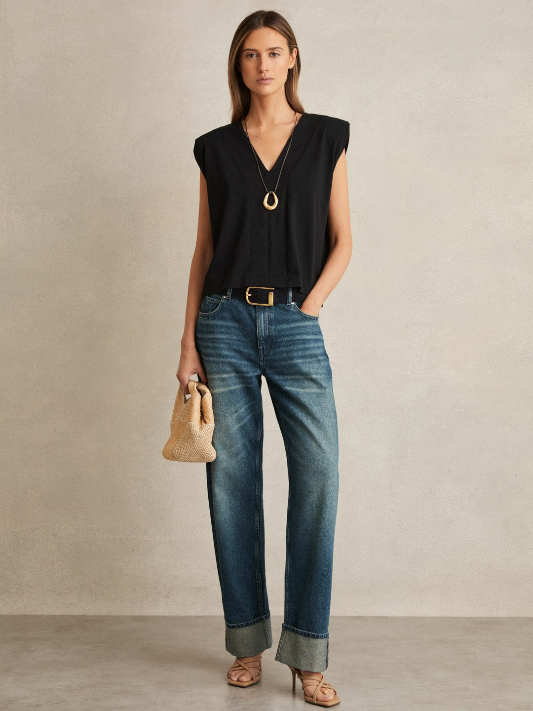 Women Cotton Shoulder-Pad V-Neck Top in Black