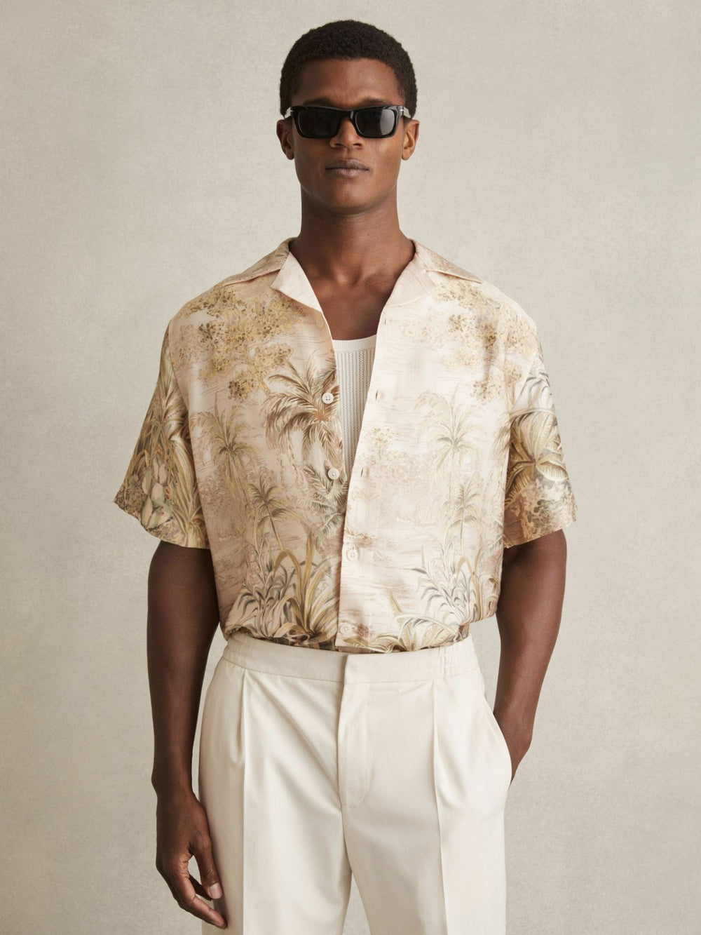 Men Jungle Print Cuban-Collar Shirt in Soft Sage Green